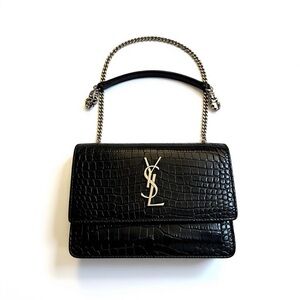 Yves Saint Laurent Black Croc-Embossed Shoulder Bag